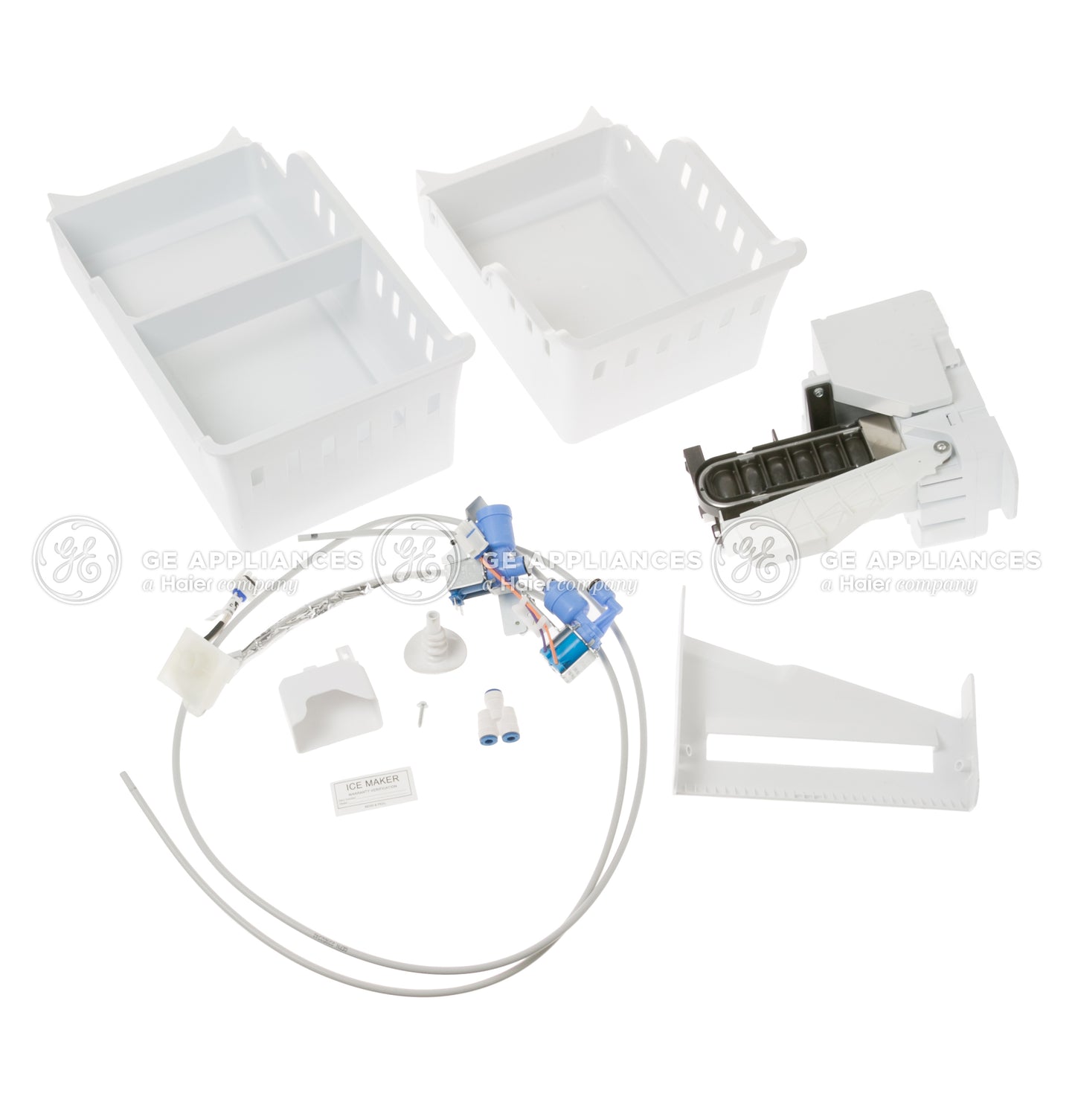 Components of a second icemaker kit including bins, wiring, and ice mold for select French-door bottom-freezer refrigerators