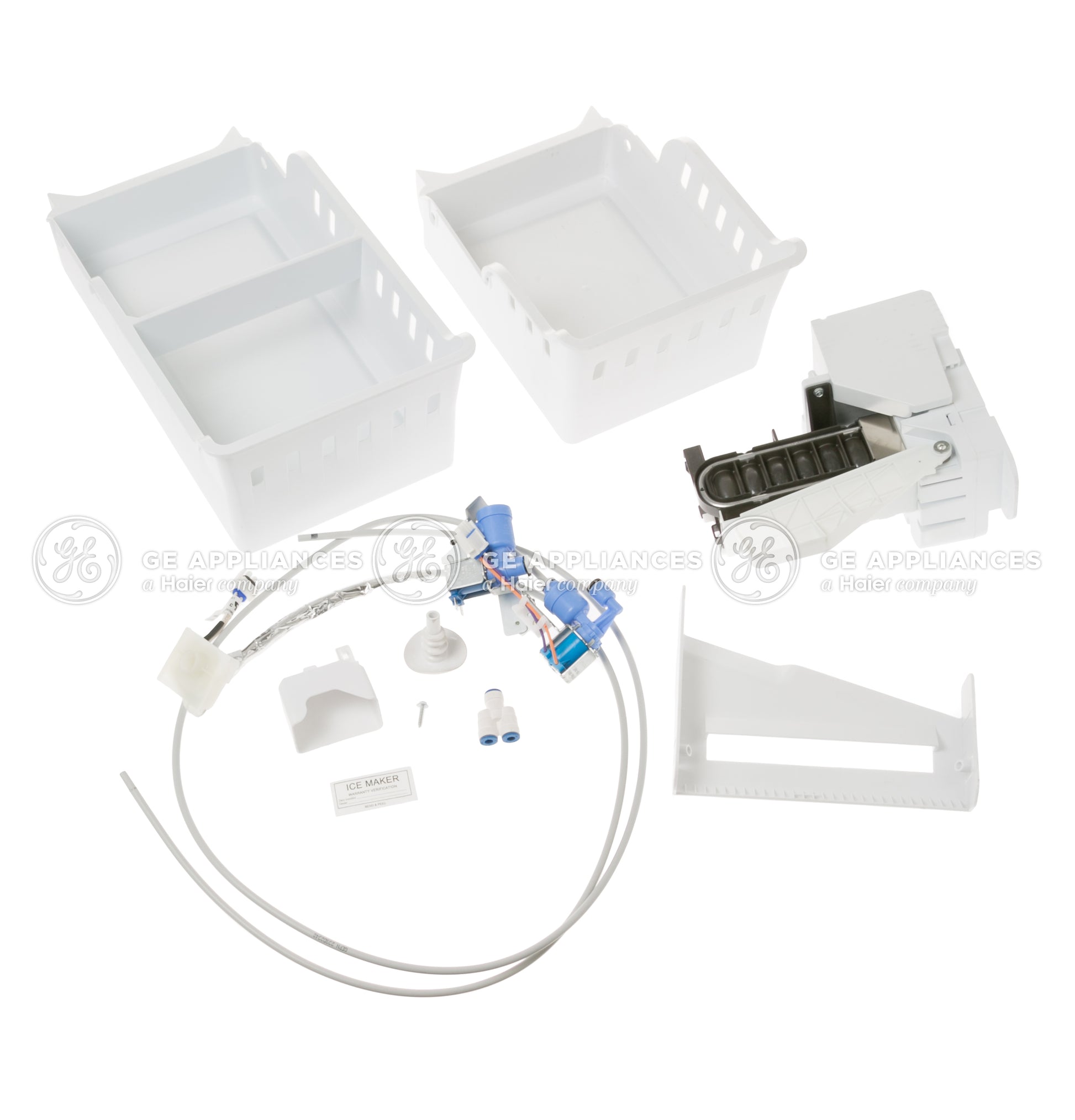Components of a second icemaker kit including bins, wiring, and ice mold for select French-door bottom-freezer refrigerators