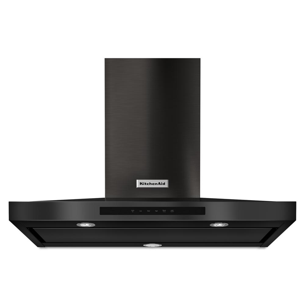 Black wall-mount canopy hood with touch controls and built-in LED lights from KitchenAid range hoods collection