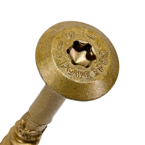 Close-up of gold-toned Power Pro track shoe bolt with star drive head for durable fastening in hardware and lumber projects