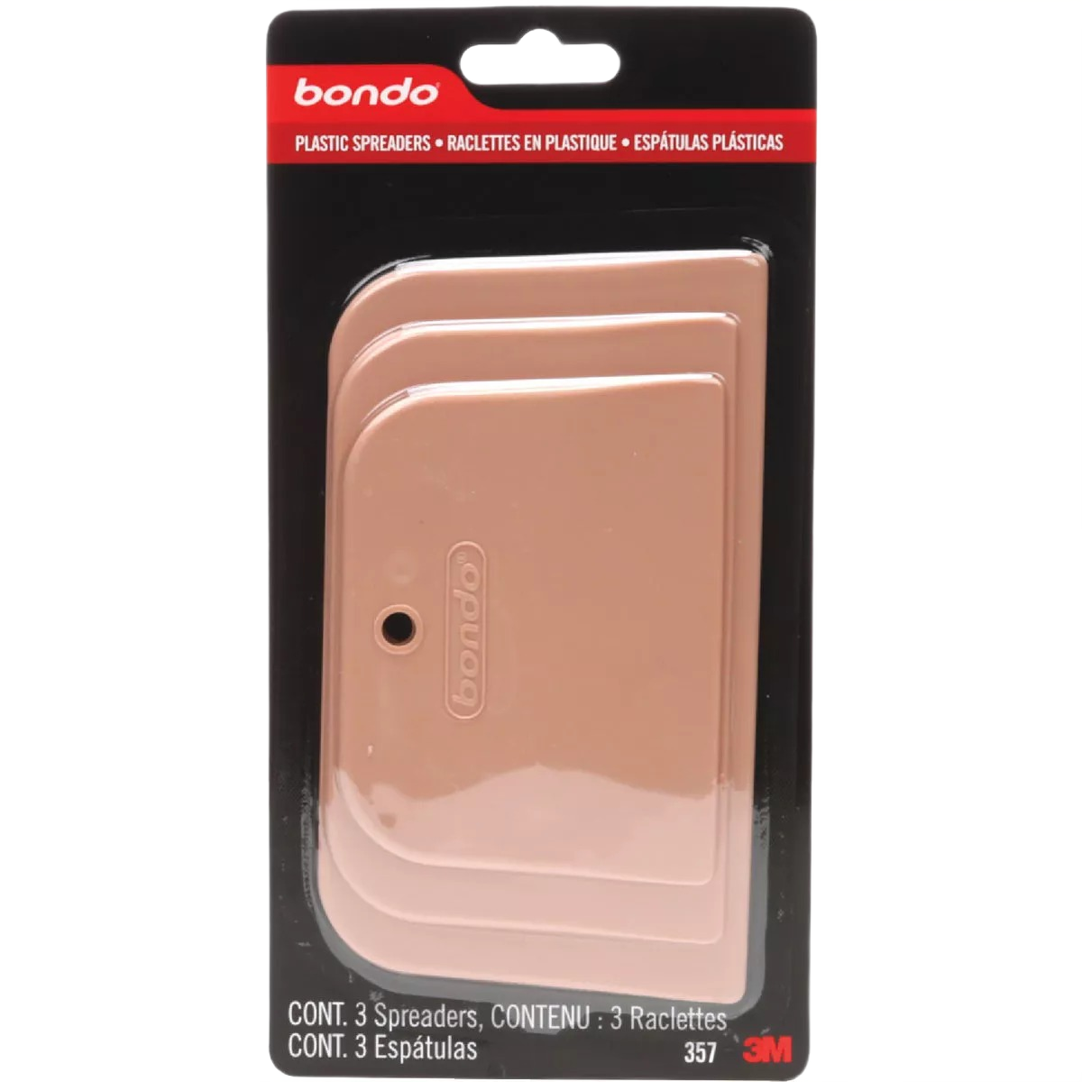 Set of three plastic spreaders in assorted sizes for home improvement and repair tasks by Bondo.