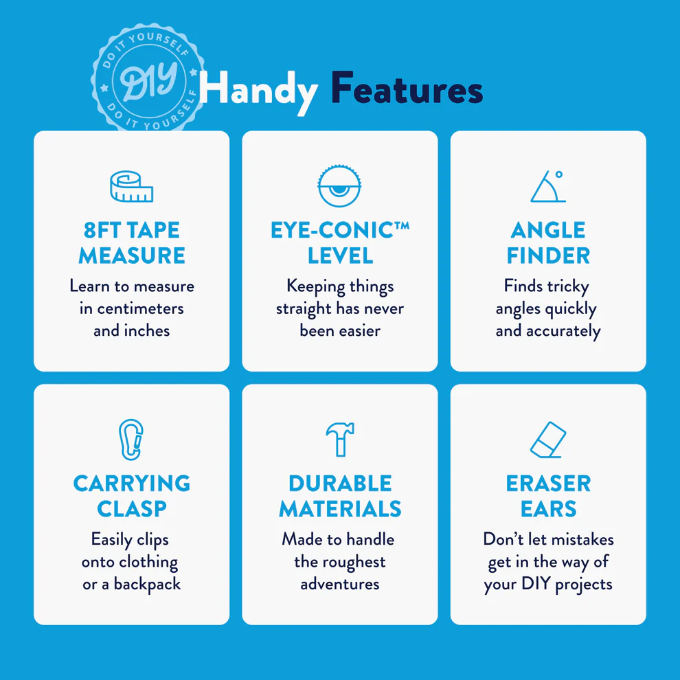 Blue infographic highlighting features of a measuring tape toy for pretend play in toys and games under $50 collection