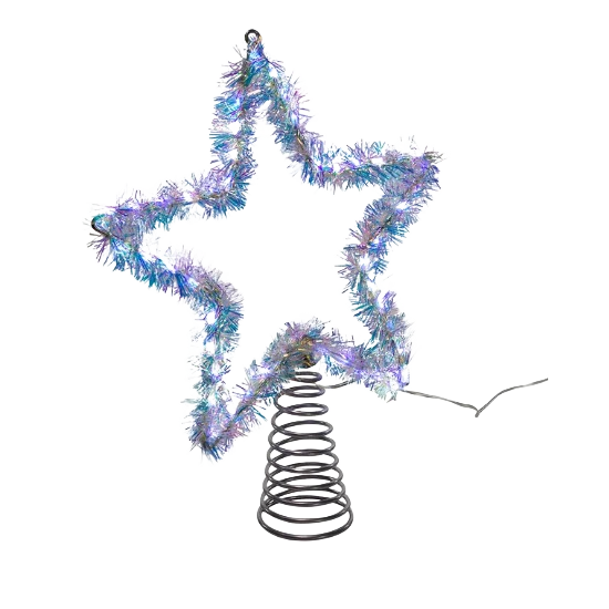 Silver and white tinsel star-shaped tree topper with spring base for festive holiday decoration