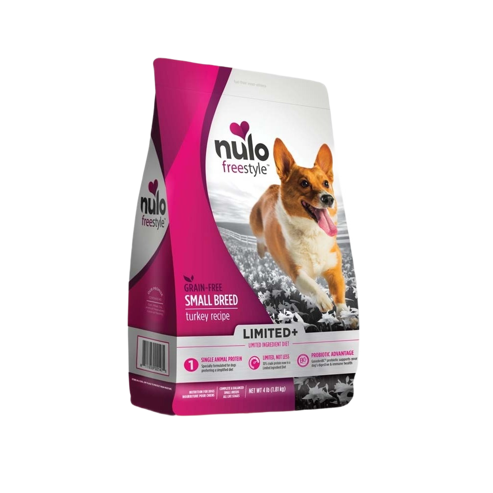 Bag of grain-free dry dog food for small breeds with turkey recipe and probiotic benefits
