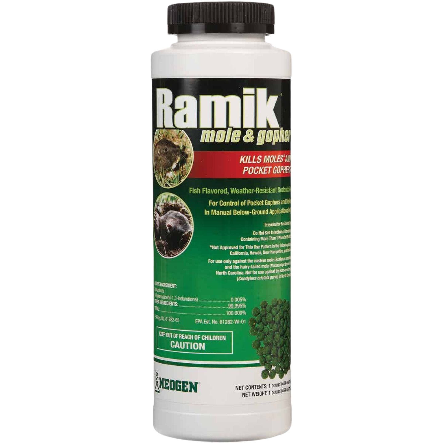 White plastic bottle of rodent control pellets for lawns and gardens in insect and pest control collections
