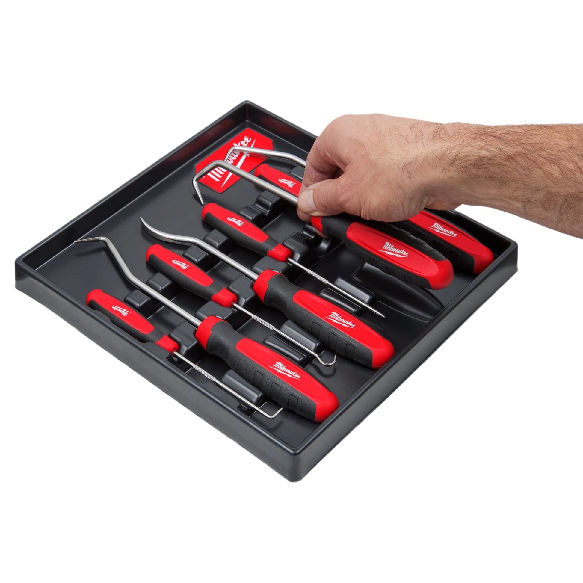 Set of eight red and black hook and pick tools with ergonomic grips arranged in a black tray for home improvement tasks