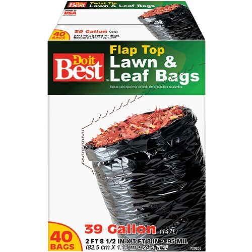 Box of black flap top lawn and leaf bags, 39 gallon capacity, for cleaning and trash under $50 collections