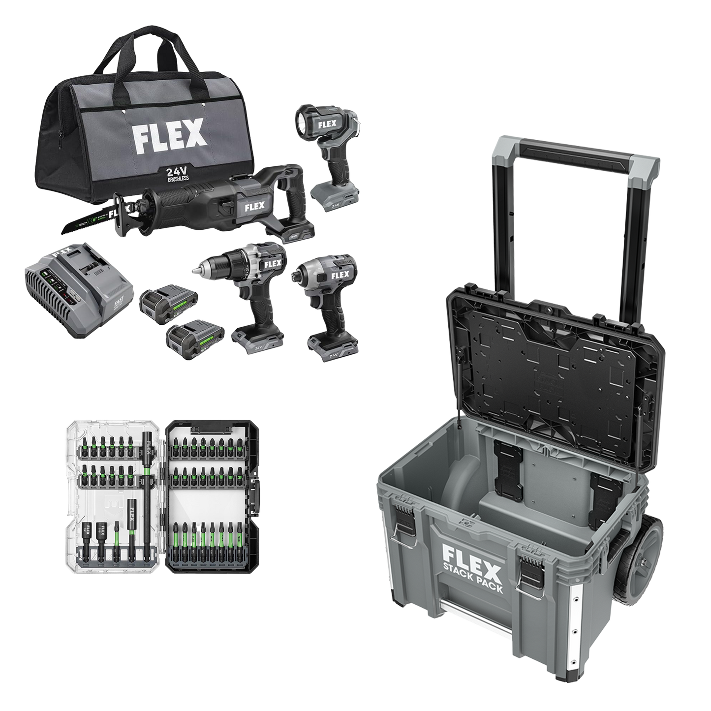 FLEX 24V 4-Tool Combo Kit + 41-Pc. Impact Driver Bit Set & Stack Pack™ Rolling Tool Box