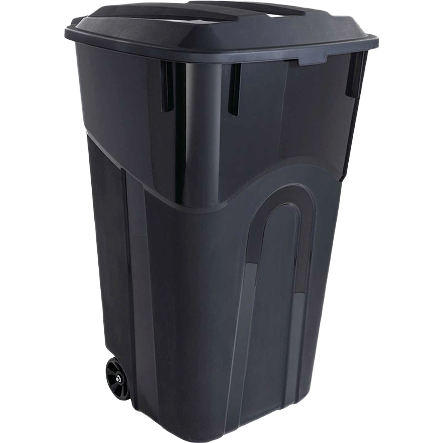 Tall black wheeled trash can with attached lid for outdoor waste management in cleaning and trash baskets under 50 collection