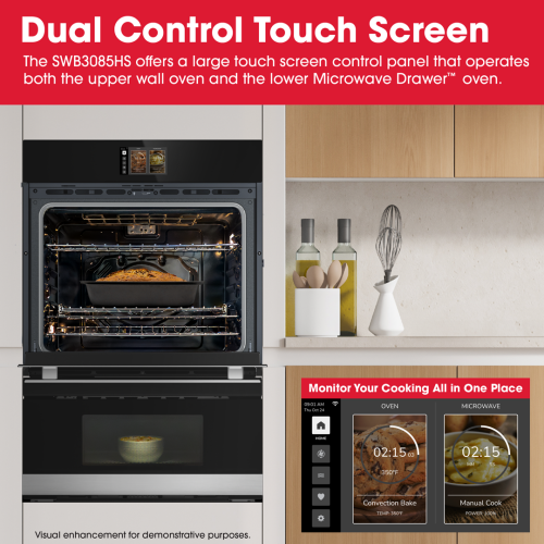 Modern kitchen wall oven with convection bake and lower microwave drawer featuring dual touchscreen controls.