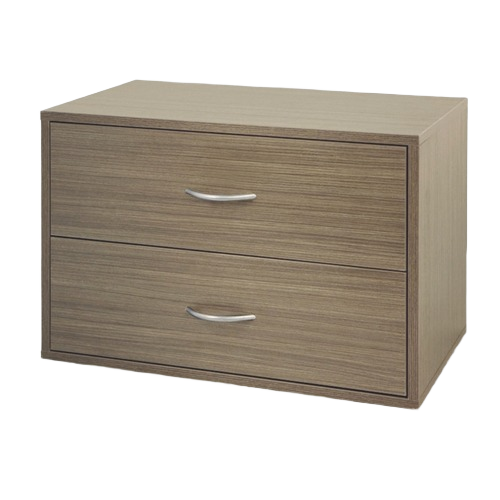 Compact driftwood finish storage box with two drawers for countertop organization and kitchen storage use
