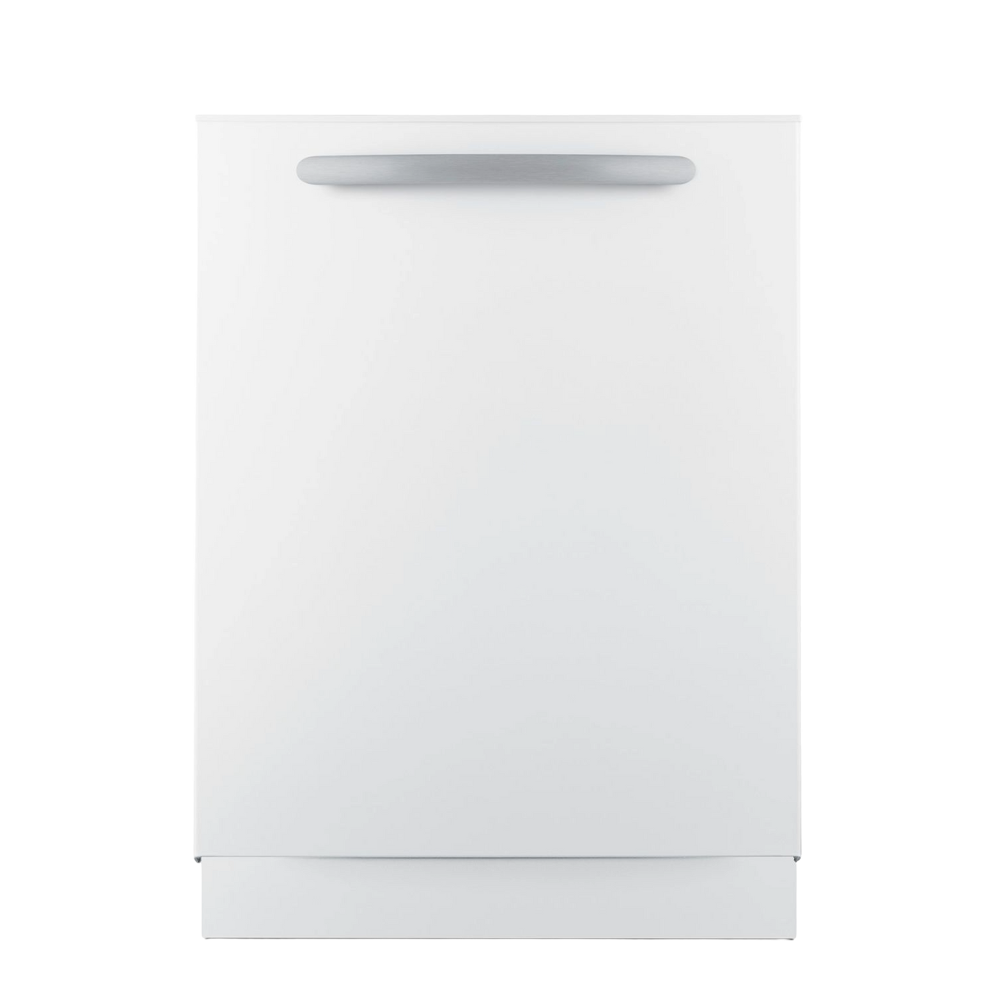 White built-in dishwasher with silver handle, designed for kitchen and home improvement appliance collections.