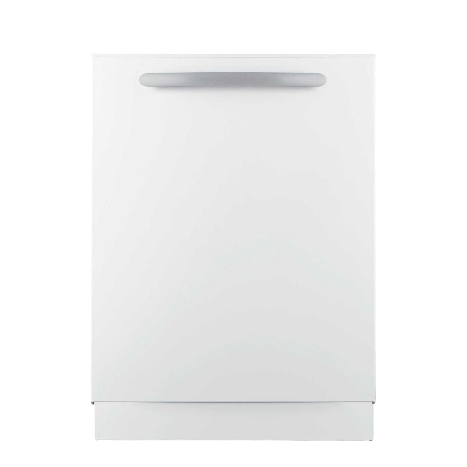 White built-in dishwasher with silver handle, designed for kitchen and home improvement appliance collections.