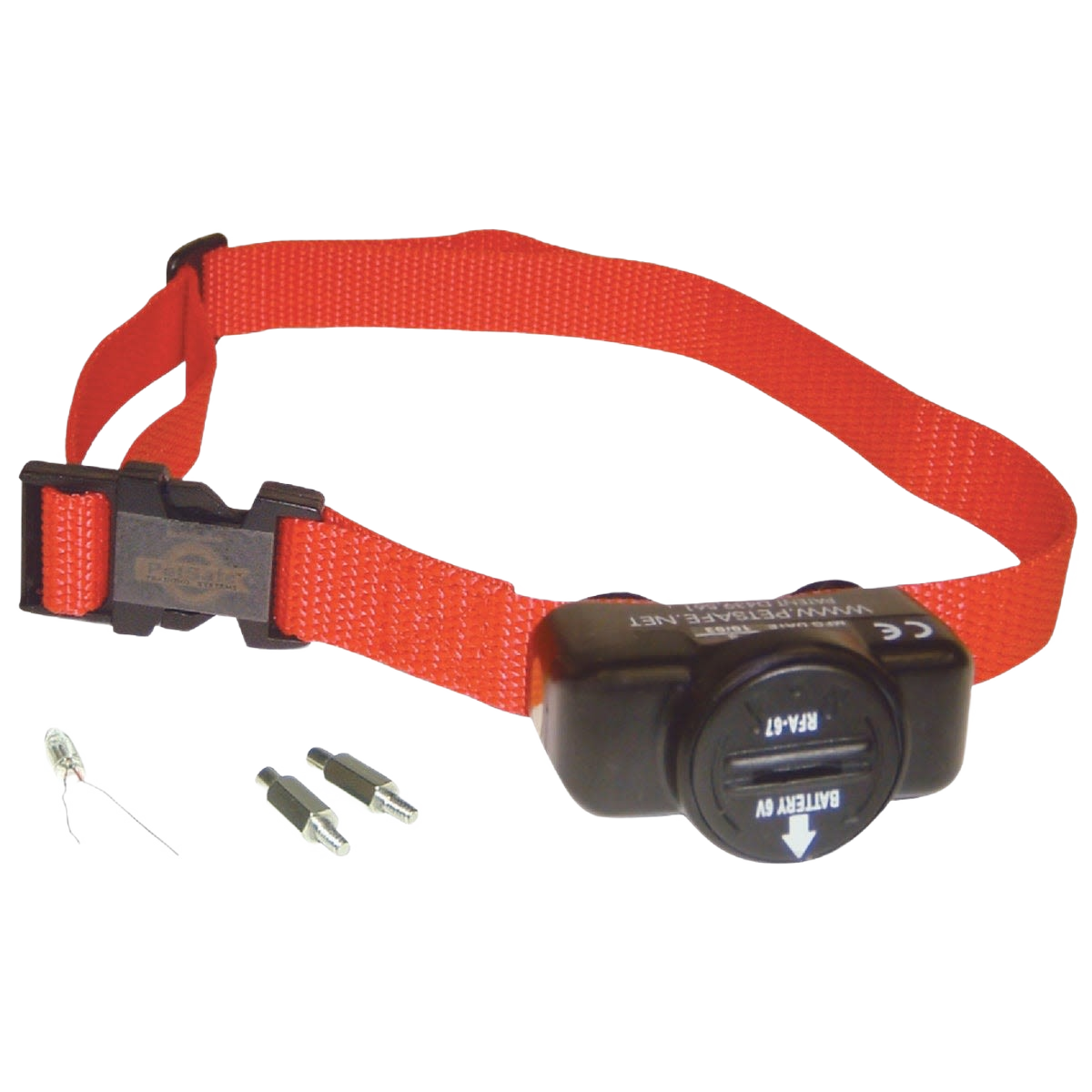 Adjustable red pet collar with black radio fence receiver and small replacement parts for pet containment use