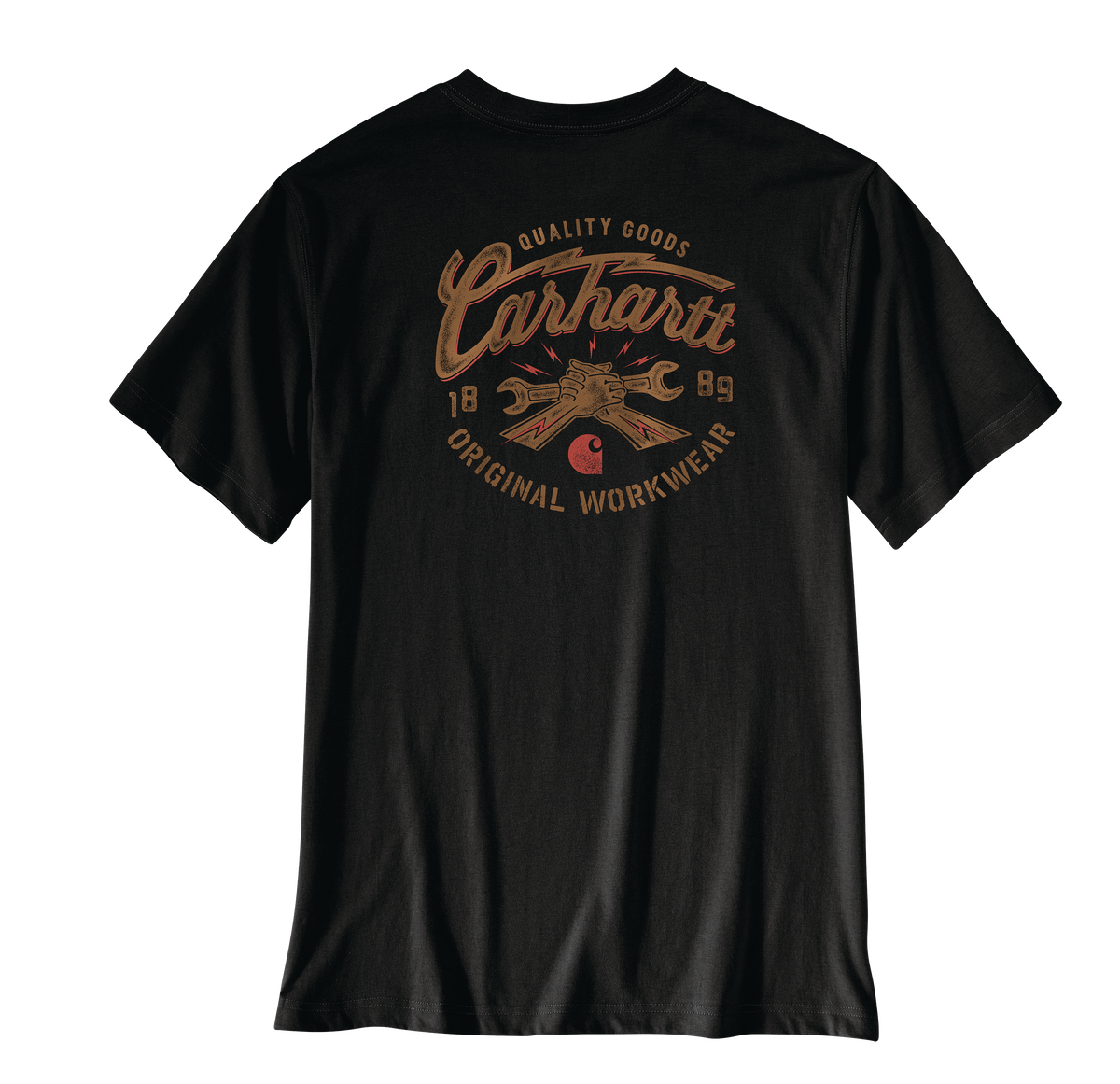 Black relaxed fit t-shirt with vintage-style wrench graphic and Carhartt logo in brown, designed for durable men’s workwear.