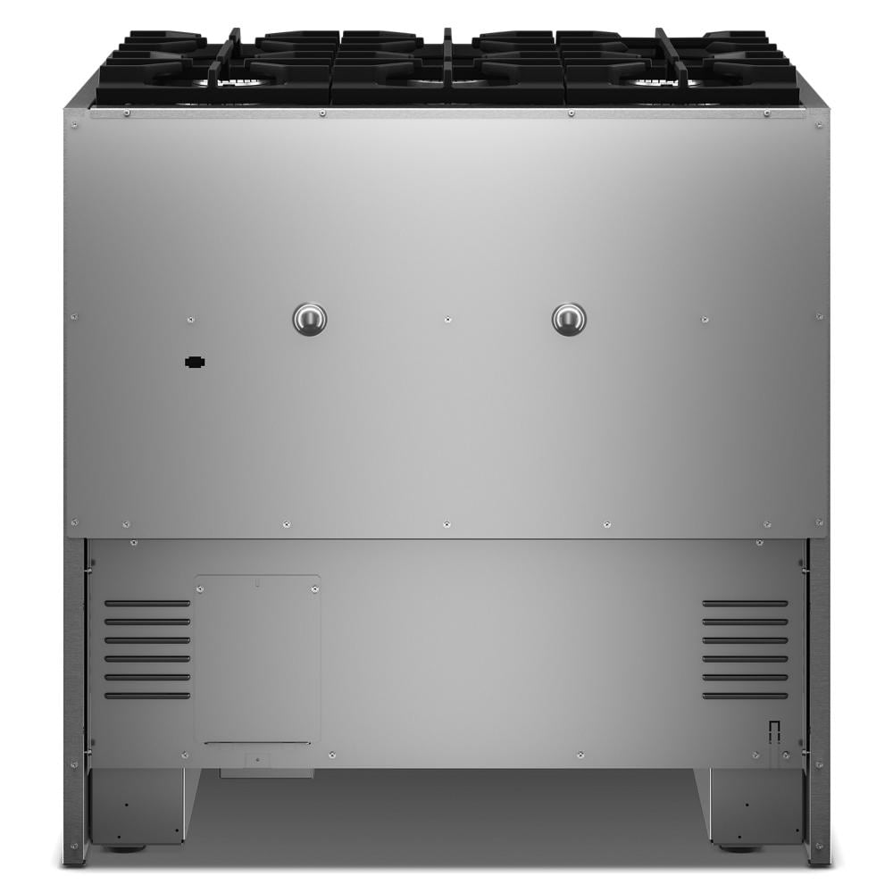 Back view of stainless steel commercial-style dual fuel range with six gas burners in kitchen appliances collection
