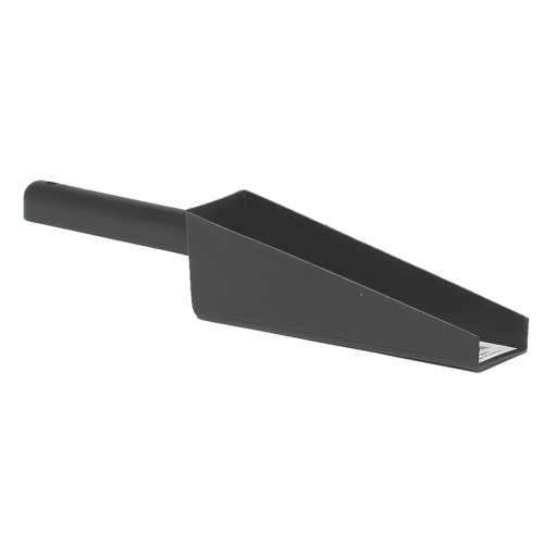 Black plastic scoop with angled design and handle for gutter cleaning in roofing and home improvement tools collection