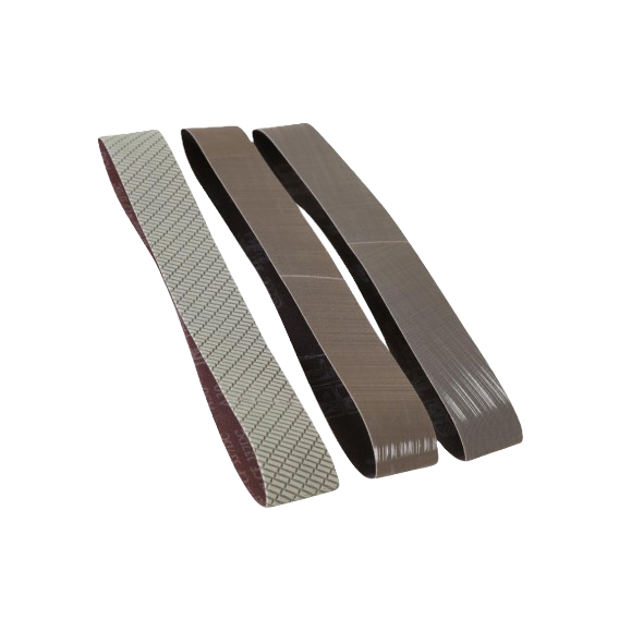 Three gray abrasive sanding belts with textured and smooth finishes for home improvement and tool sharpening use