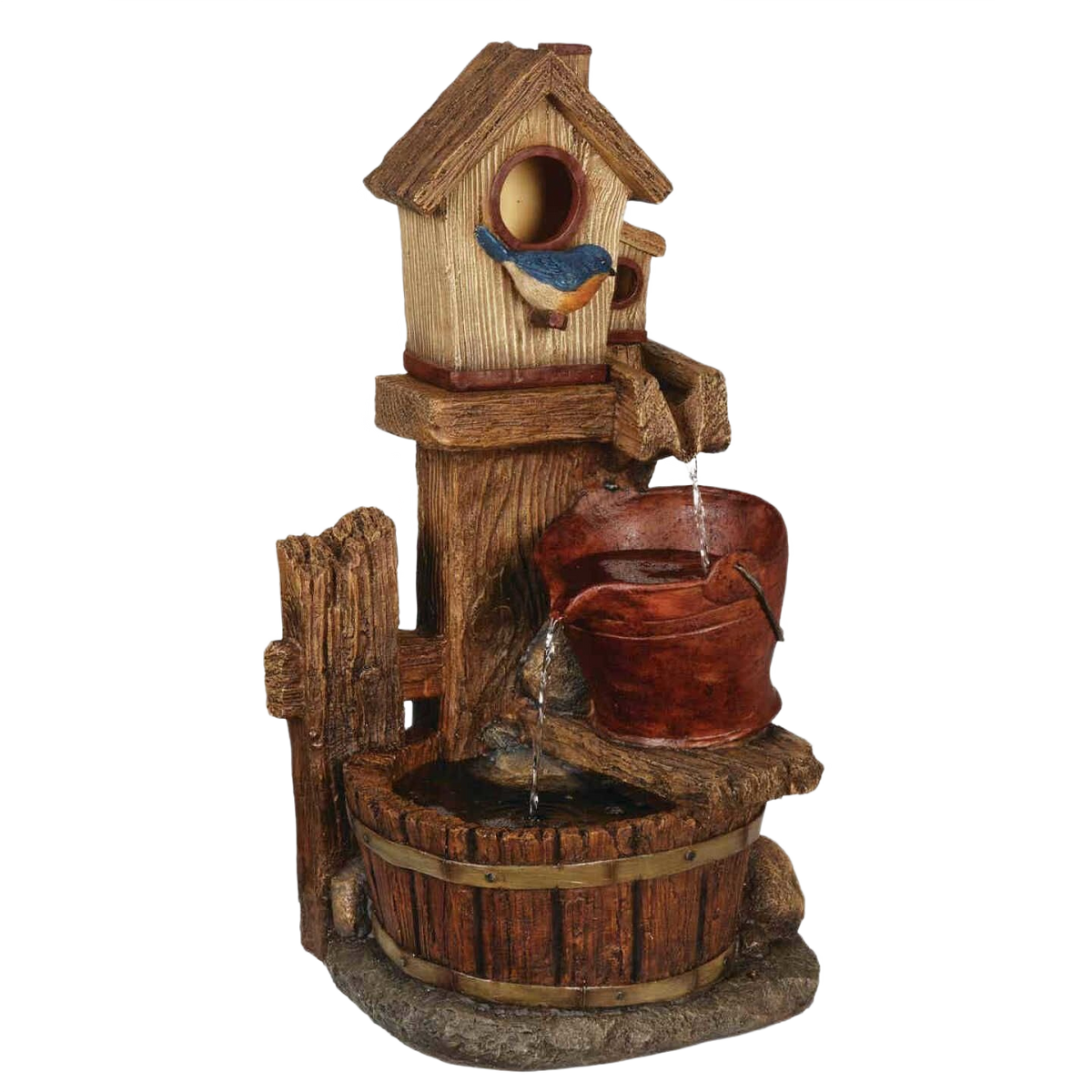 Polyresin birdhouse fountain with rustic wooden barrel and flowing water for garden decoration and home improvement