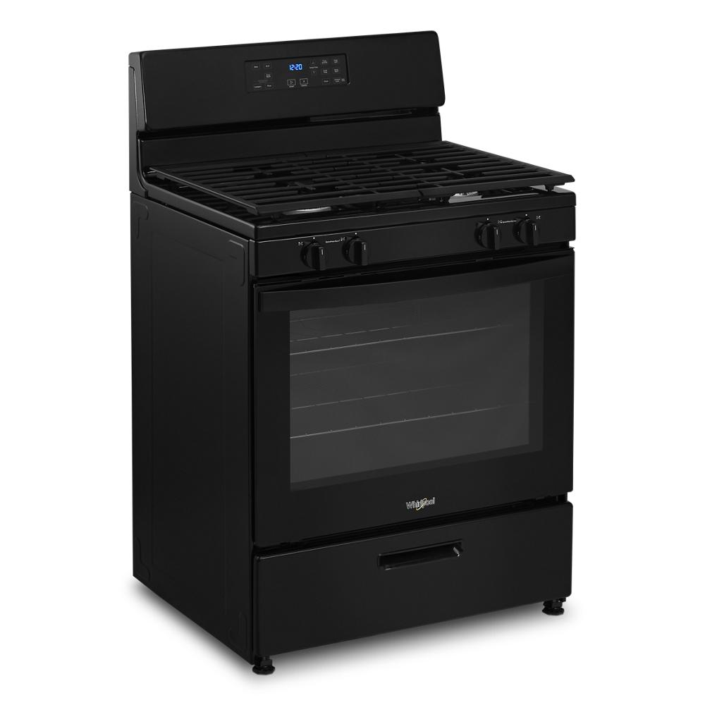 black freestanding gas range with oven window, control knobs, digital display, and broiler drawer for kitchen appliances