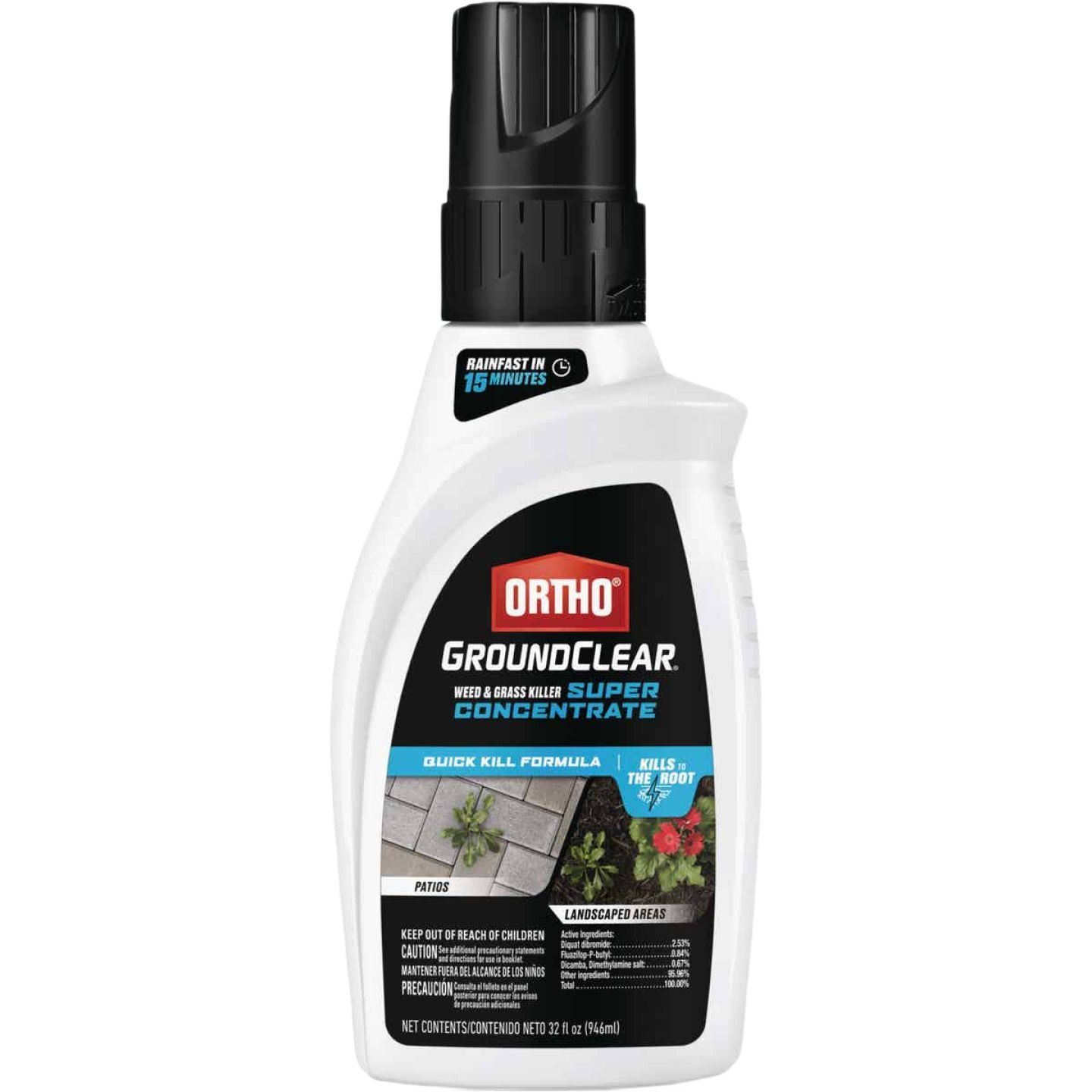 White bottle of Ortho GroundClear Super Concentrate for weed and grass control with black cap and label details
