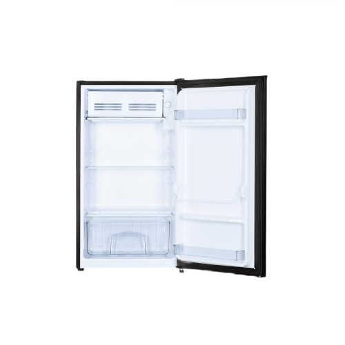 Open compact refrigerator in black with full width freezer and adjustable interior shelves from kitchen appliances collection