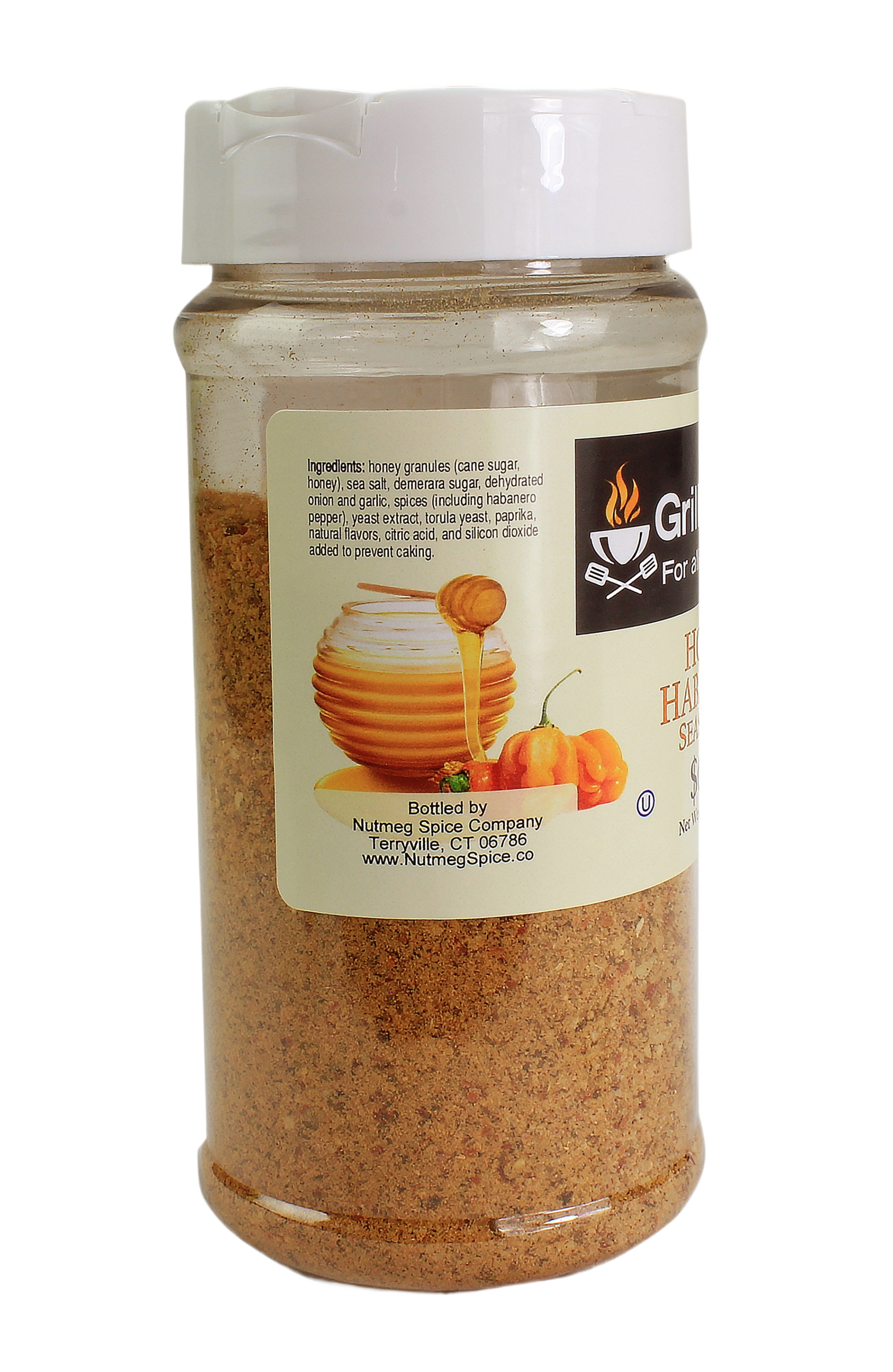 Clear plastic spice jar with honey habanero seasoning blend for grilling in outdoor living and BBQ sauces collection under $50