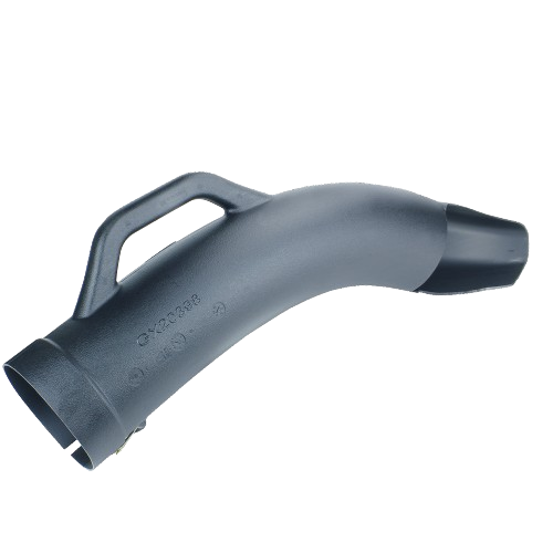 Curved black plastic upper discharge chute with handle designed for yard equipment in home improvement use