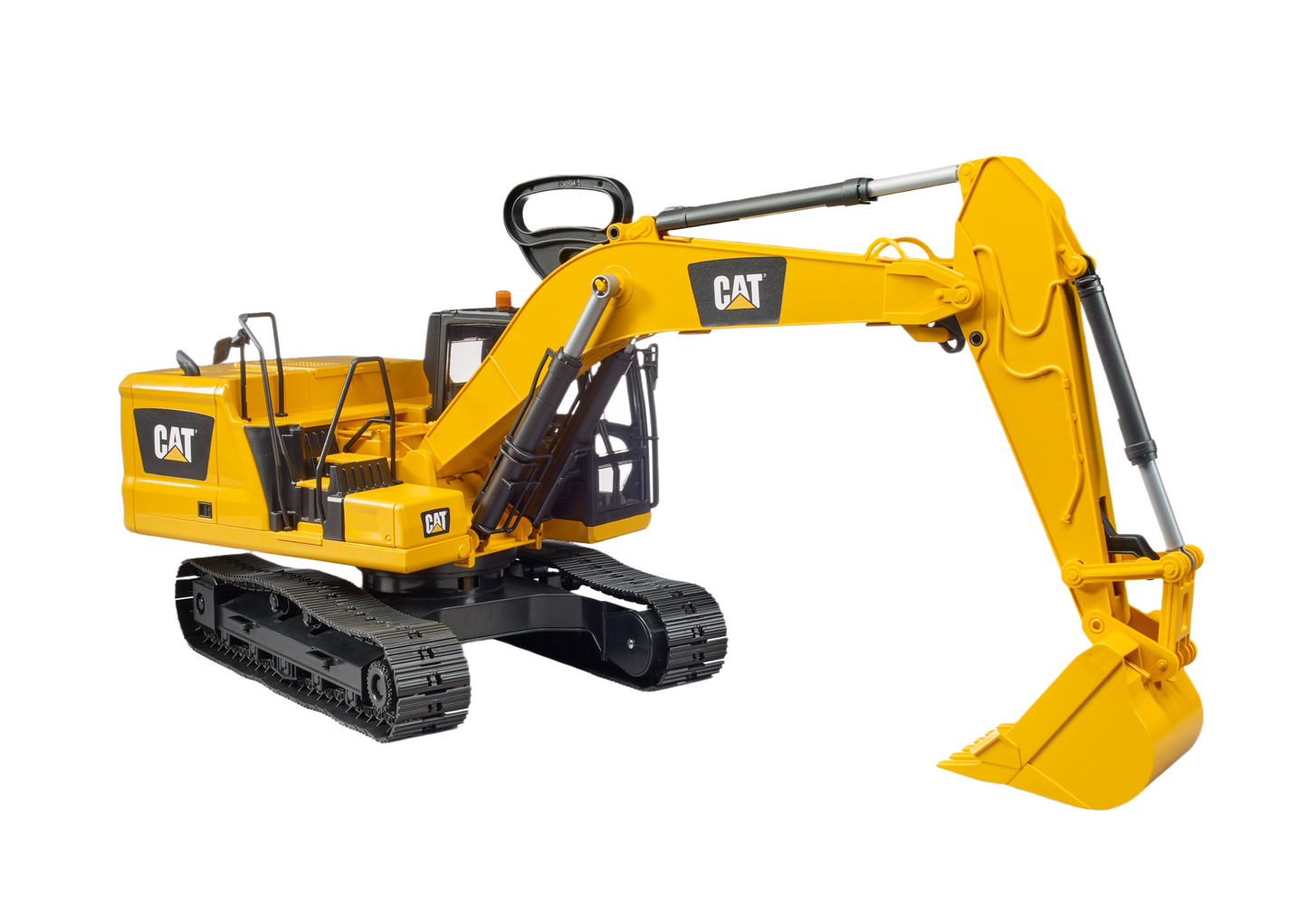 Yellow Bruder CAT excavator toy with articulating arm and bucket on black tracked base for construction play