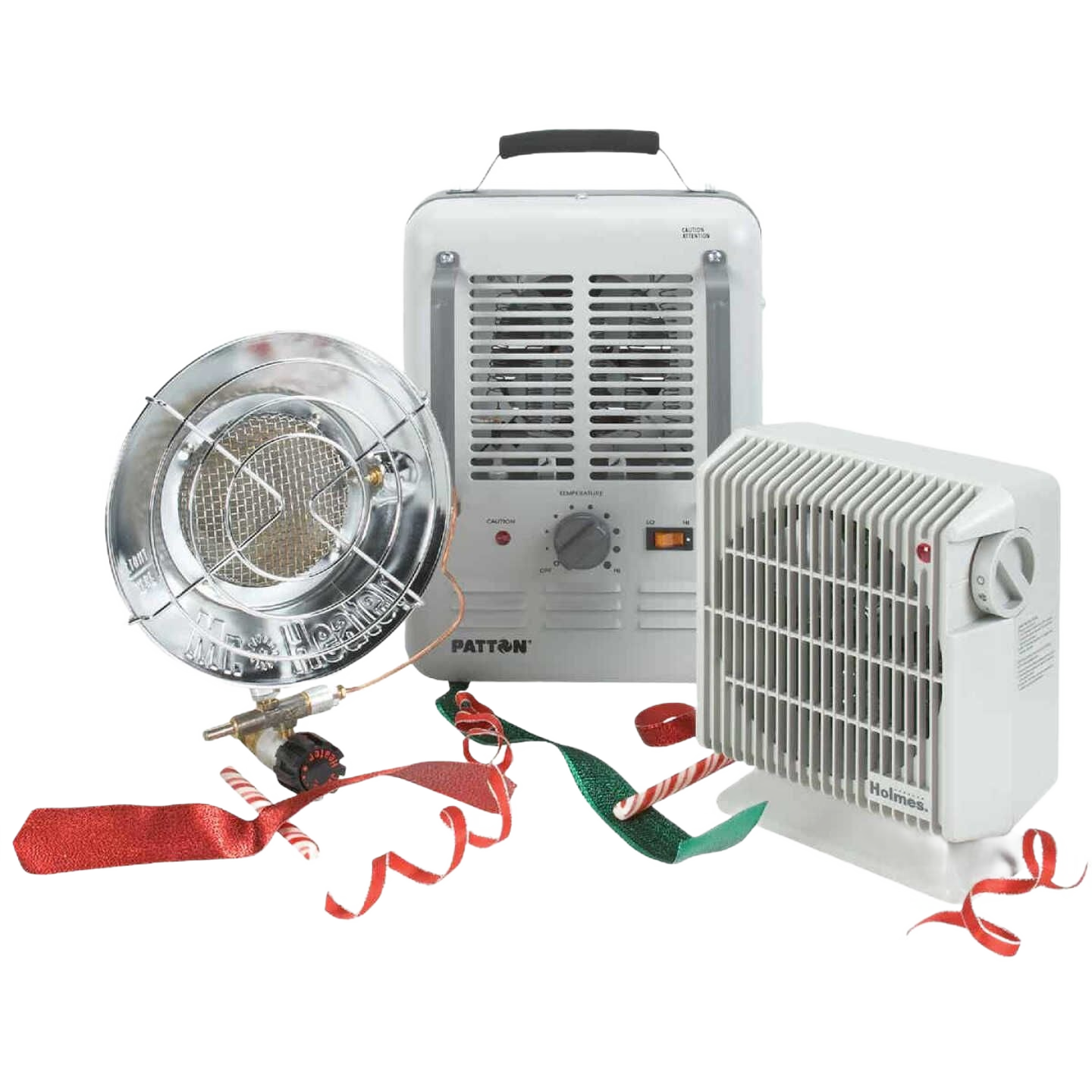 Three portable heaters including radiant, fan-forced, and ceramic styles with control knobs for home improvement use