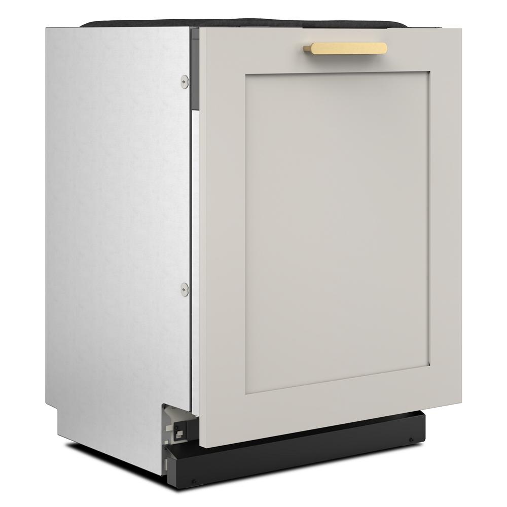 Panel-ready dishwasher with beige door front and gold handle designed for flush-to-cabinet installation in kitchen appliances collection