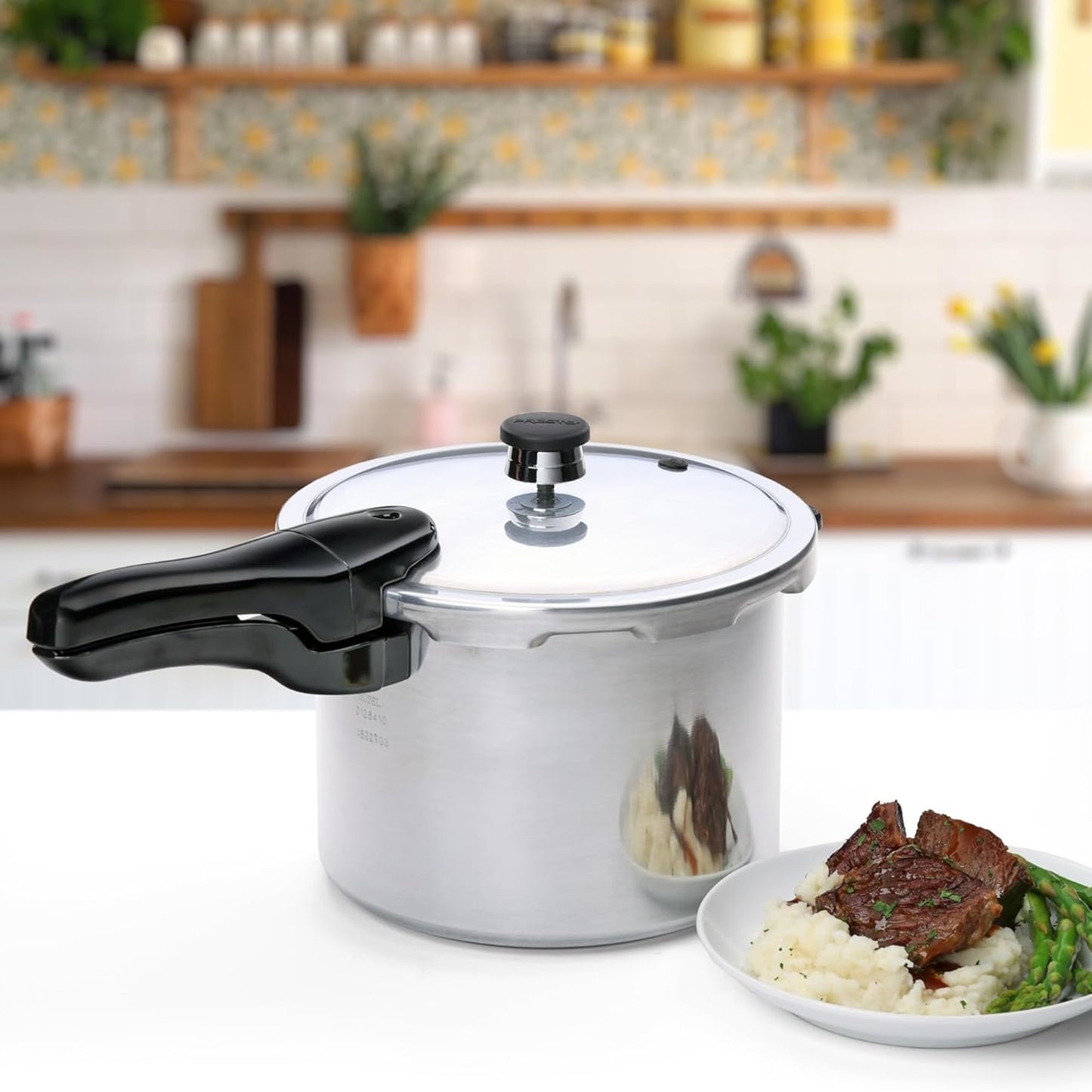 Silver aluminum pressure cooker with black handle sitting on kitchen countertop near a plated meal in kitchenware collection