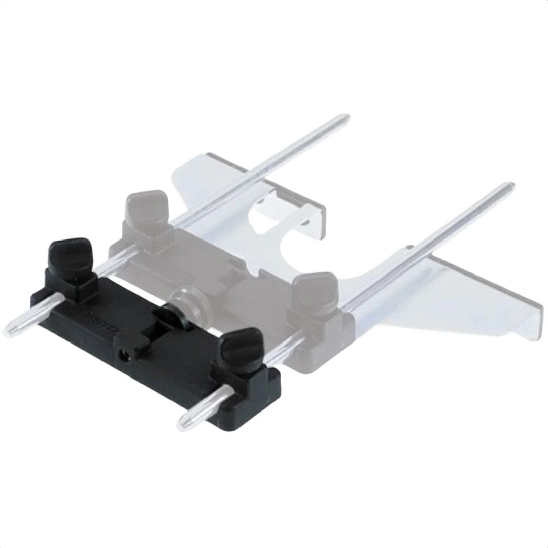 Fine adjuster attachment for router edge guide with metal rods and black adjustment knobs in woodworking tool accessories