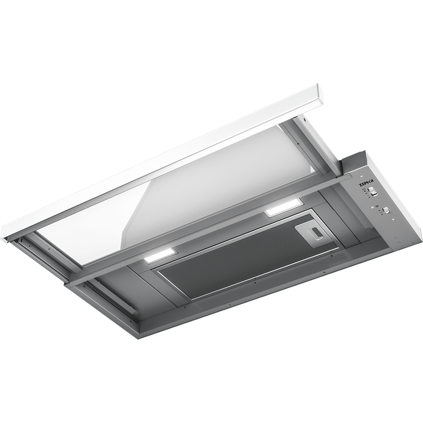 modern stainless steel under-cabinet range hood with LED lighting and mechanical slide controls for home improvement tools