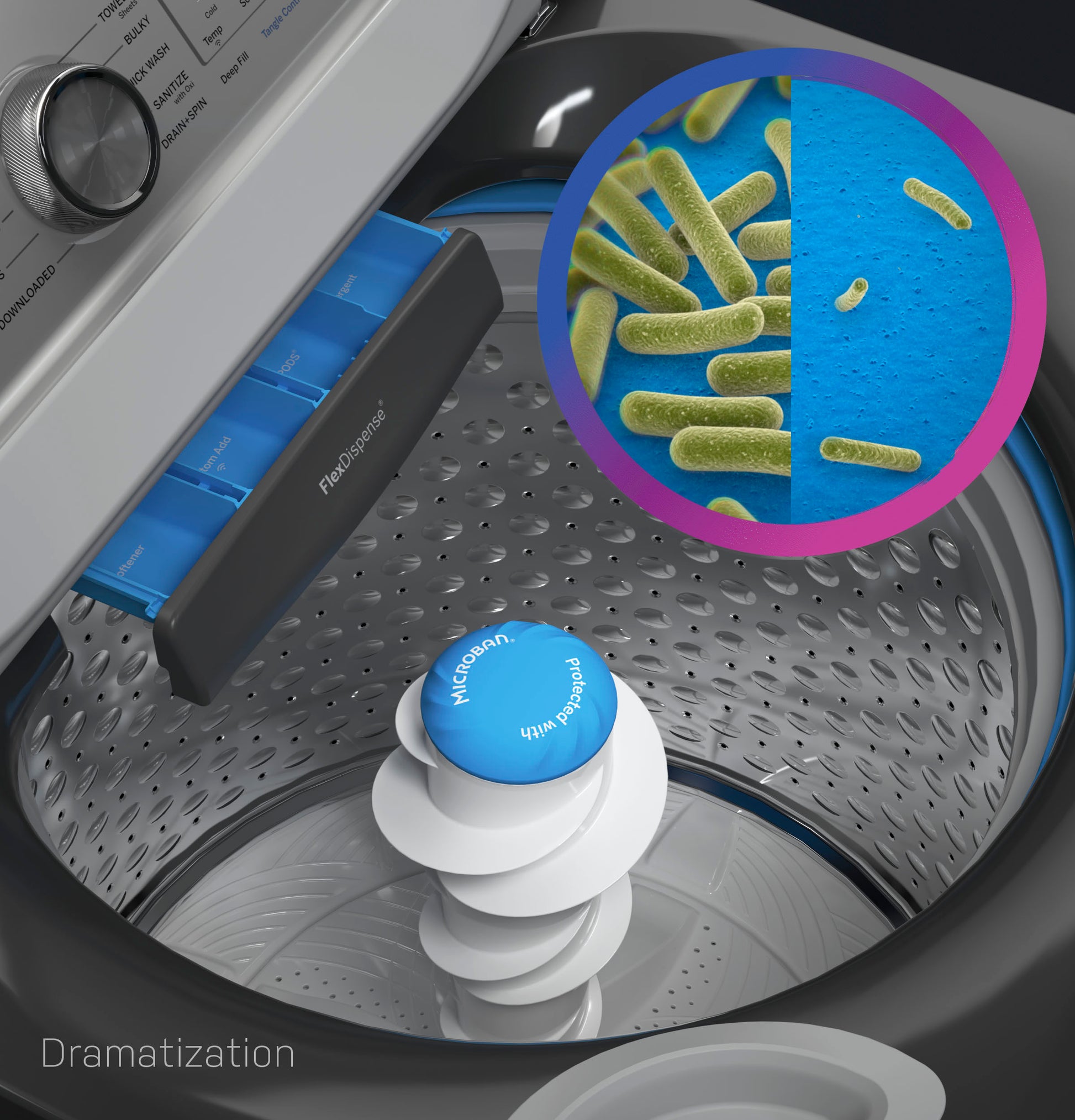 Close-up of a top load washer drum showing the FlexDispense™ feature with a graphic highlighting cleaner washing technology.