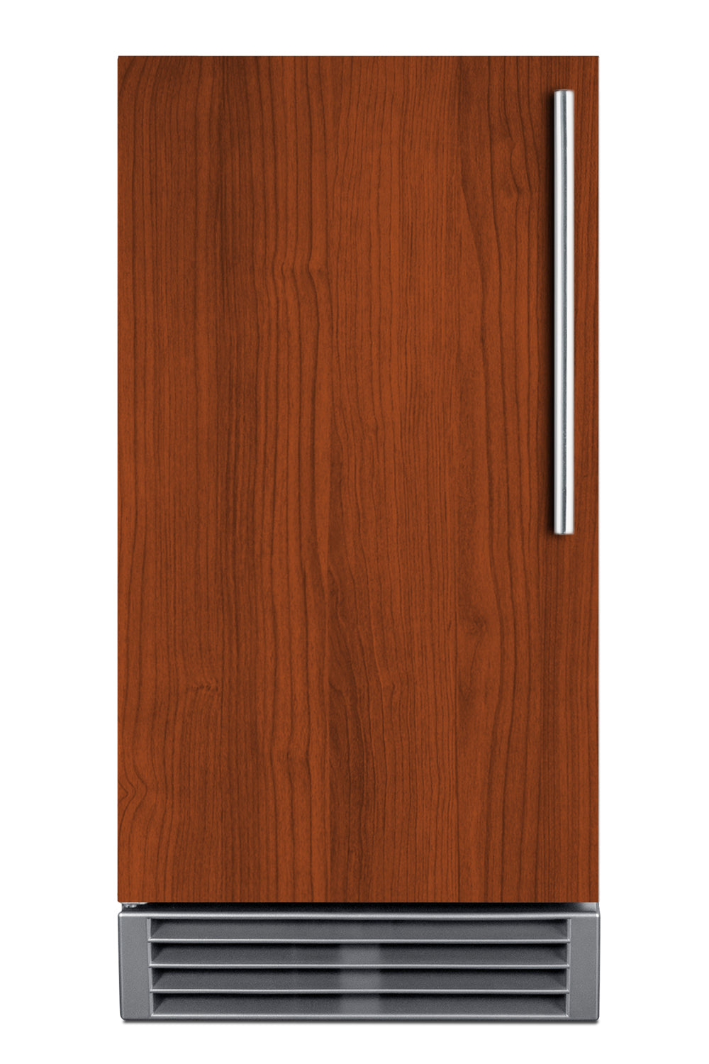 Built-in clear icemaker with wood panel front and stainless steel handle from kitchen appliances collection