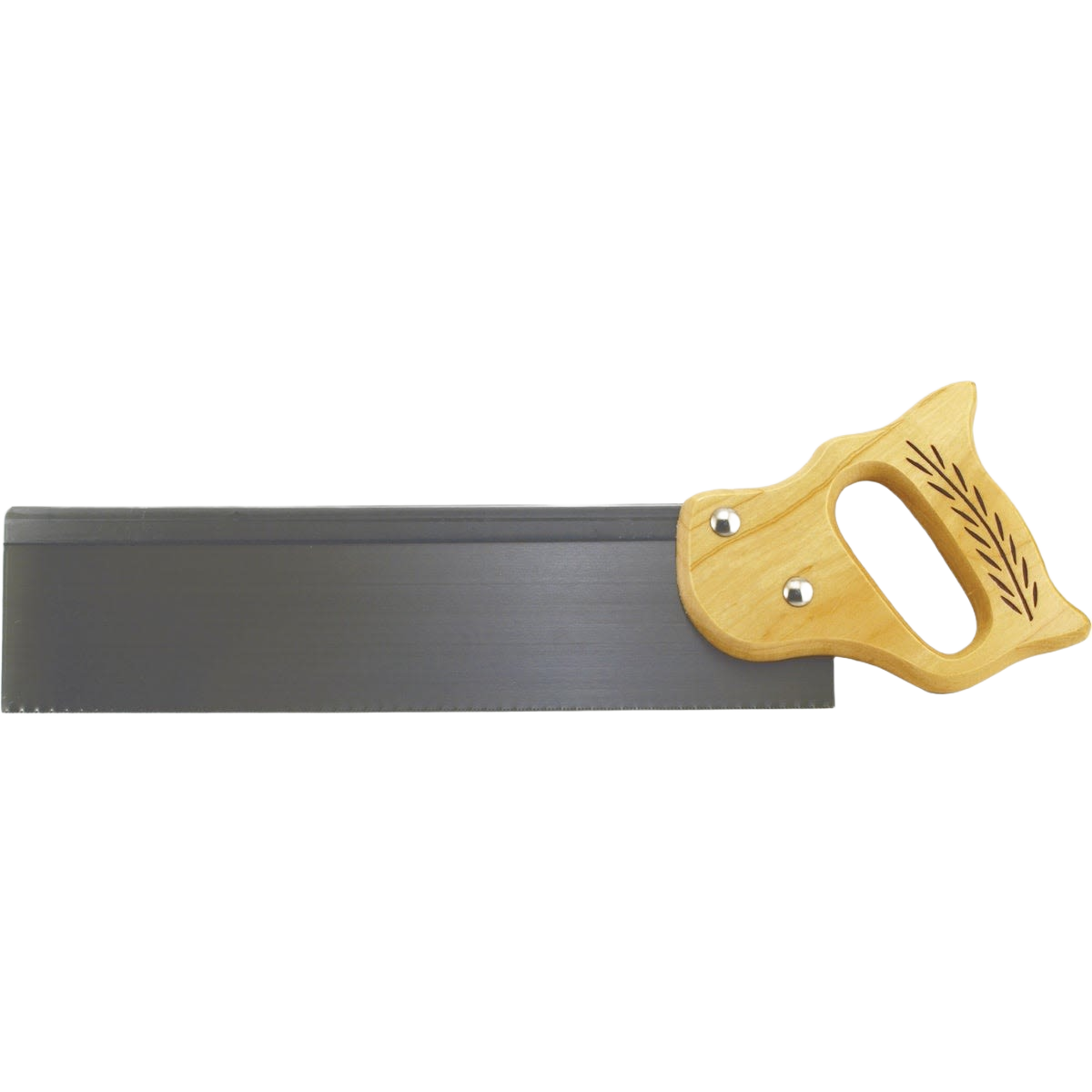 Hand saw with 14-inch steel blade and hardwood handle featuring carved decorative details for woodworking tasks
