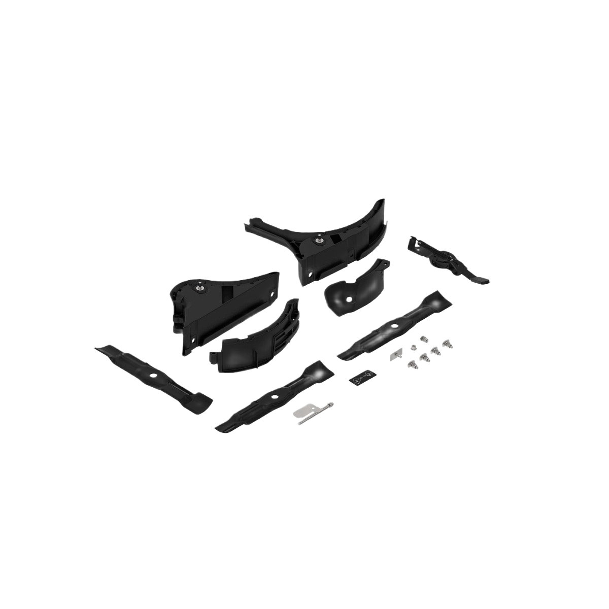 Black plastic and metal components with mounting hardware for automotive and John Deere mowing parts collection