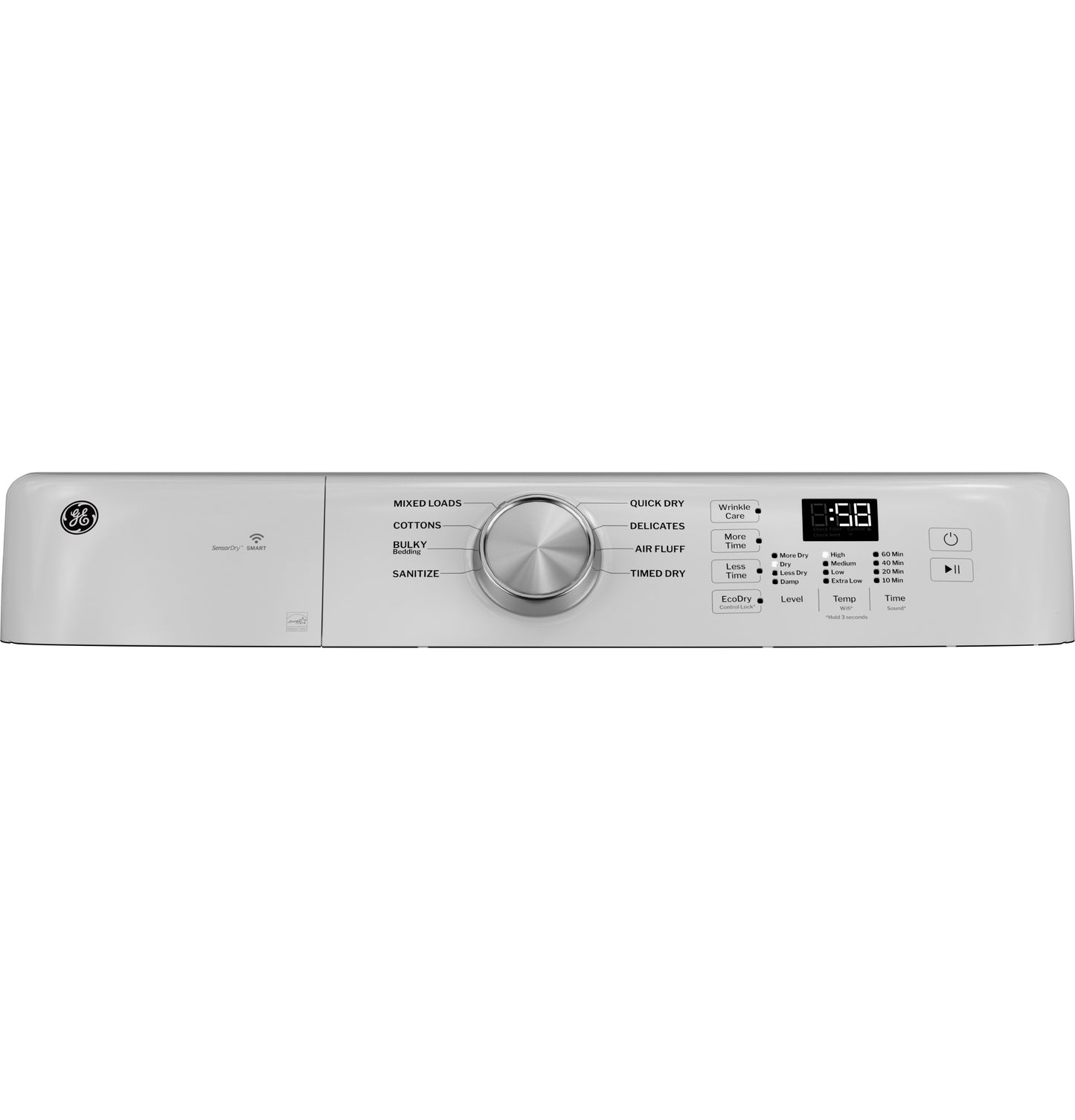 Control panel of a white front load gas dryer with dial and digital display in dryers and appliances collection