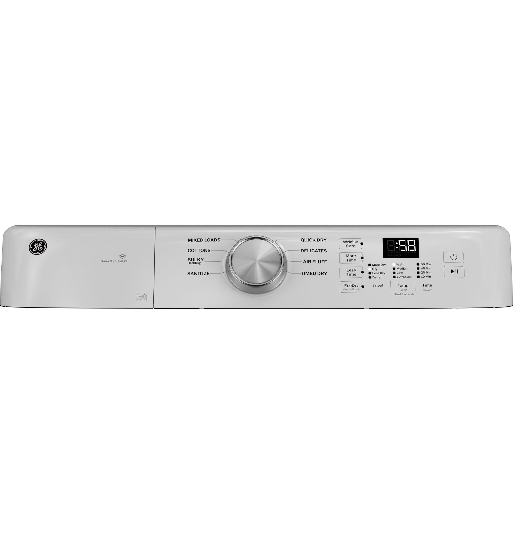 Control panel of a white front load gas dryer with dial and digital display in dryers and appliances collection