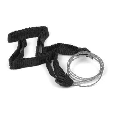 Black nylon strap attached to a coiled steel pocket chainsaw blade for outdoor and home improvement use