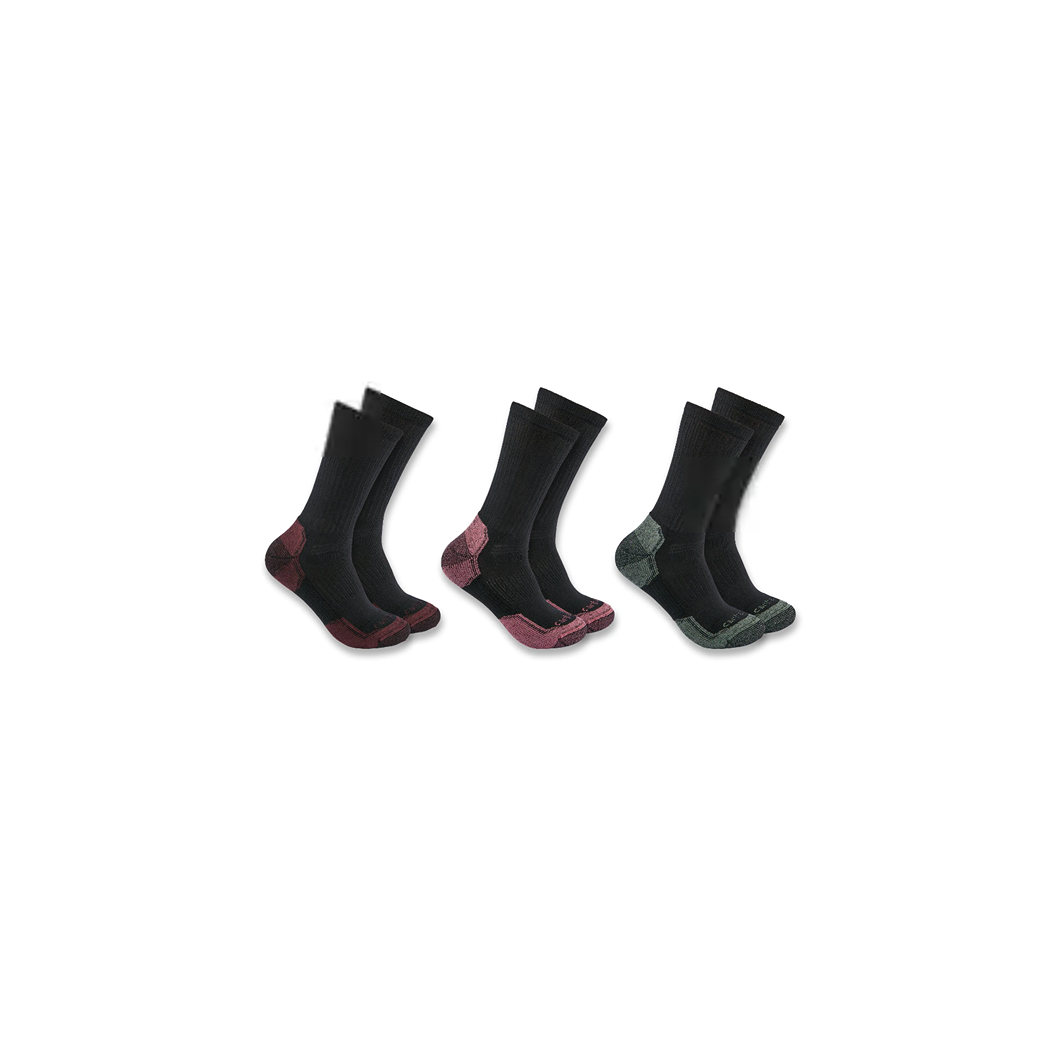 Three pairs of black crew socks with assorted colored heels and toes for comfortable everyday wear
