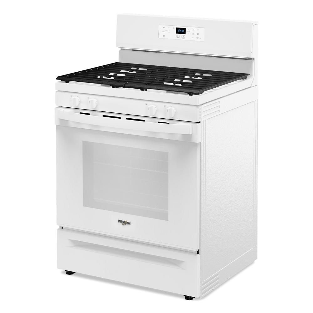White 30-inch gas range with self-clean oven and control panel, part of kitchen appliance and home improvement collection
