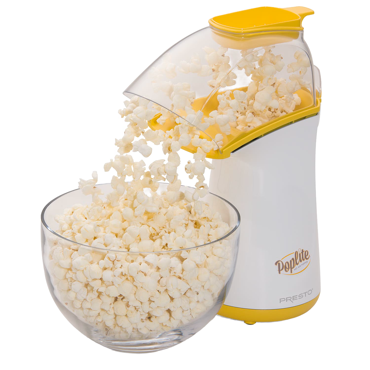 White and yellow hot air popcorn popper dispensing popcorn into a clear glass bowl in kitchen appliance collections