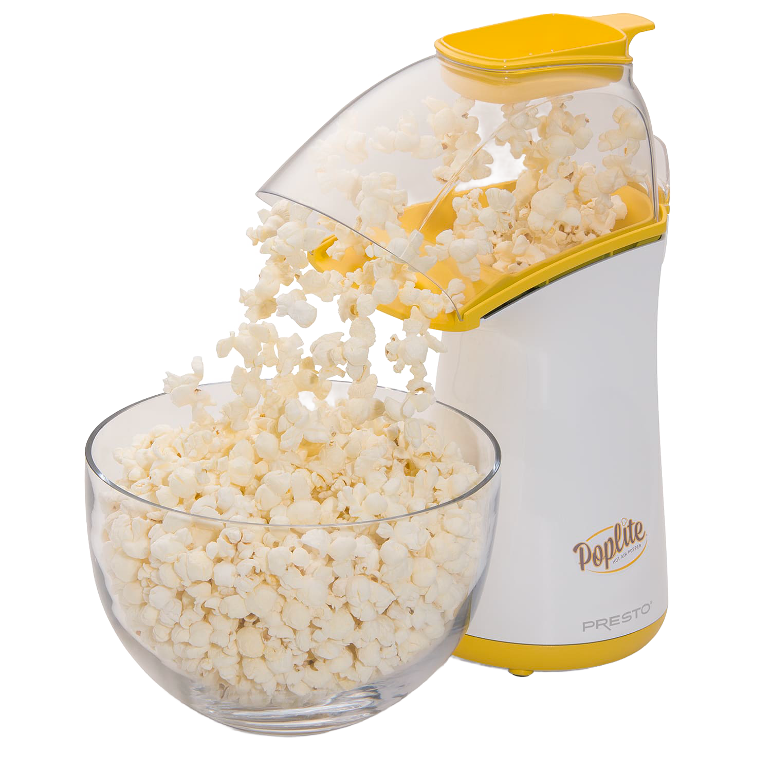 White and yellow hot air popcorn popper dispensing popcorn into a clear glass bowl in kitchen appliance collections