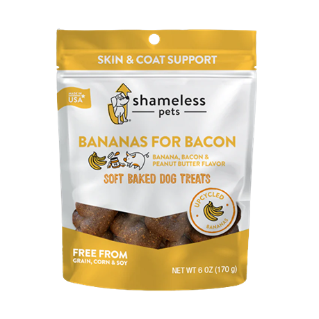 Resealable bag of Shameless Pets soft baked dog treats with banana, bacon, and peanut butter flavor for skin and coat support
