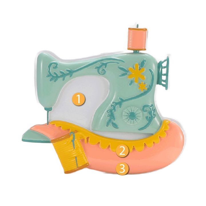 Blue and peach vintage sewing machine ornament with floral details for Christmas tree decorations under $50 collection