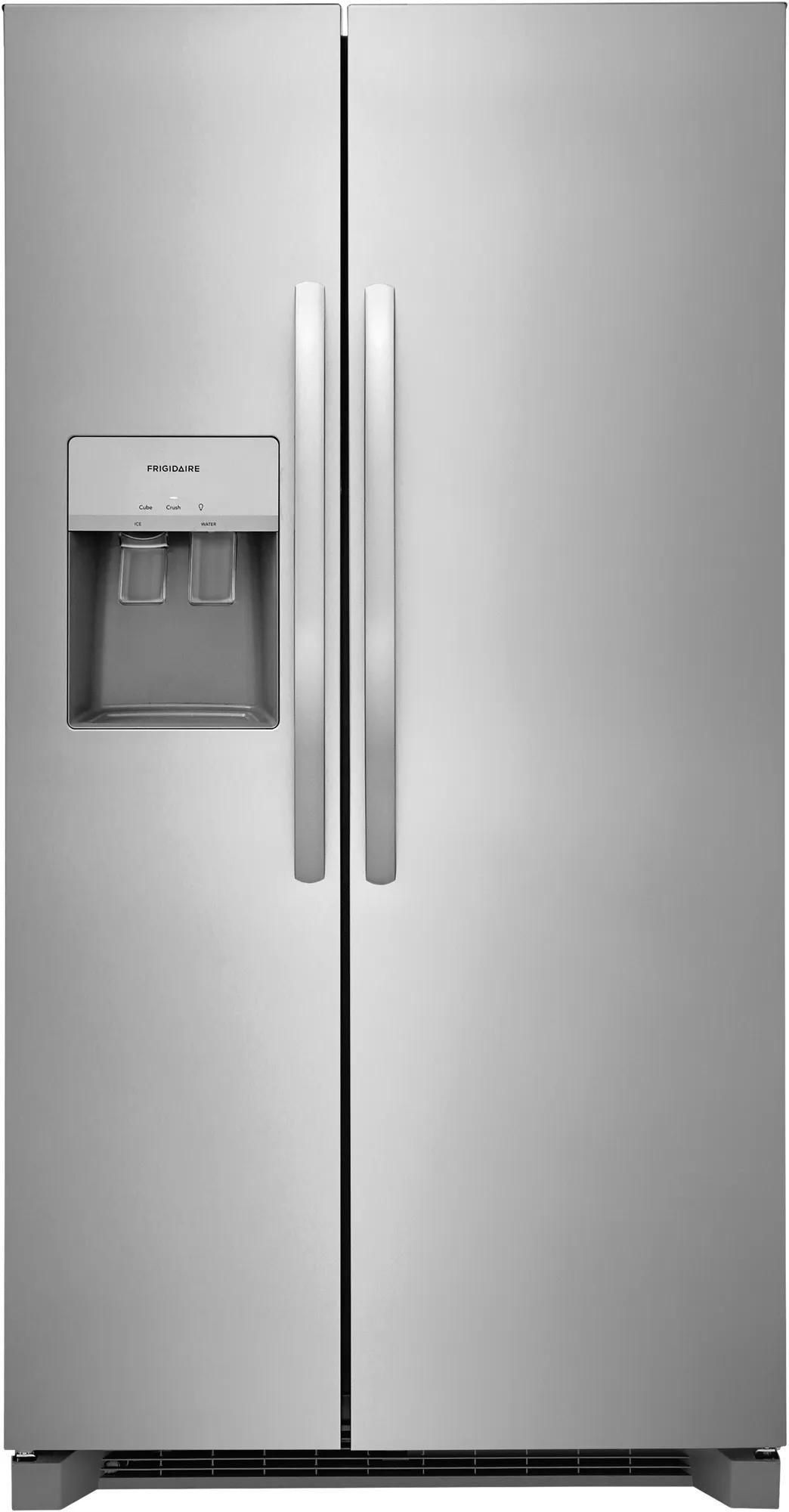 Standard depth side-by-side stainless steel refrigerator with built-in water and ice dispenser in appliances collection