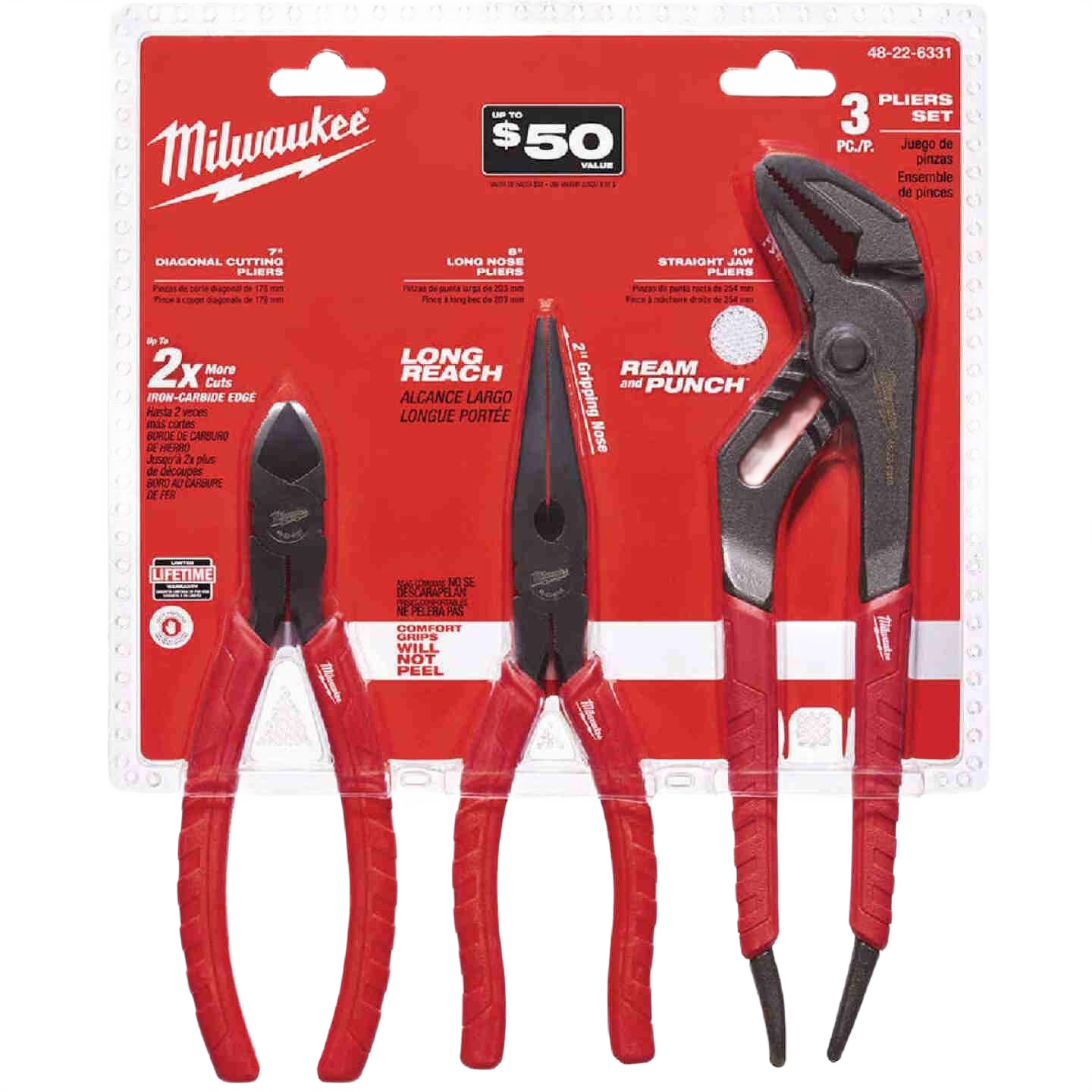 Set of three red and black comfort grip pliers including diagonal cutter, long nose, and adjustable wrench for tools and home improvement
