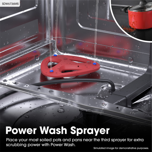 Close-up of stainless steel dishwasher interior showing power wash sprayer targeting a red pot for deep cleaning.
